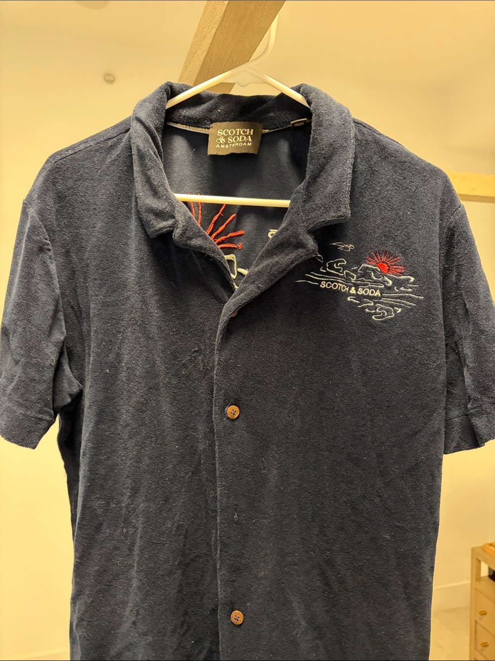 Scotch & Soda Navy Button-Front Terry Shirt with Red Embroidered Sun
